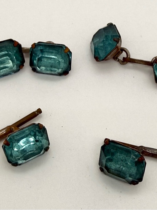 Other - Vintage Copper Brass Cushion Cut Aqua Blue Czech Glass Rhinestone Cufflinks Set